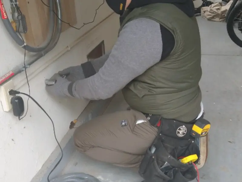 Electrician performing outlet wiring in a Dupo garage